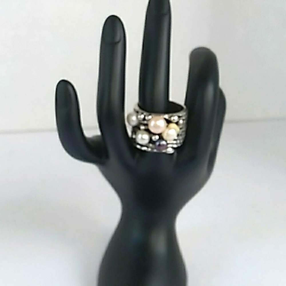 Vintage Style Wide Band Pearl Ring with‎ Purple Accent Stone Cocktail Jewelry